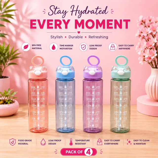 Motivational 900ml water bottle,Pack of 4