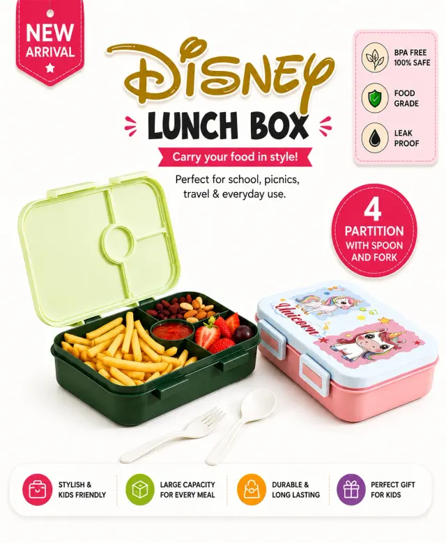Theme & Disney Lunch Box With 4 Compartments Bpa Free(Polypack),pack Of 1