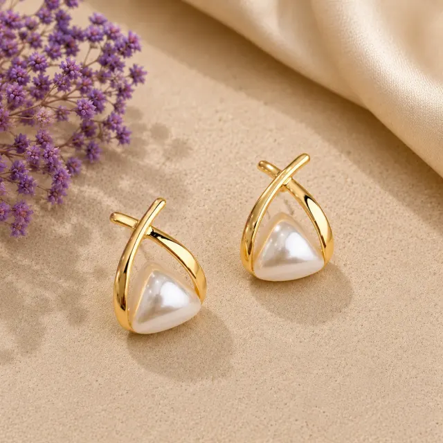 Gold Tone Pearl Triangle Earrings for Women Stylish Fashion 