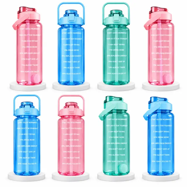2L Motivational GYM Water Bottle With Handel & Straw ,Mix-Color,Pack of 8