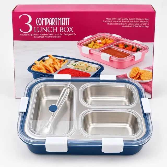 3 Compartment  Stainless Steel Lunch Box With Spoon , Big
